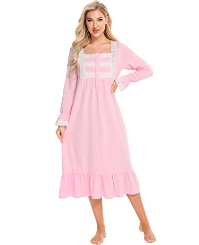 Nanxson Damen Baumwolle Nachthemd Langarm Nachtwäsche Vintage Viktorianisch Nachtkleid Schlafanzug (M, Rosa-66) von Nanxson