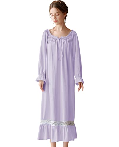 Nanxson Damen Baumwolle Nachthemd Langarm Nachtwäsche Vintage Viktorianisch Nachtkleid Schlafanzug (S, Lila-51) von Nanxson
