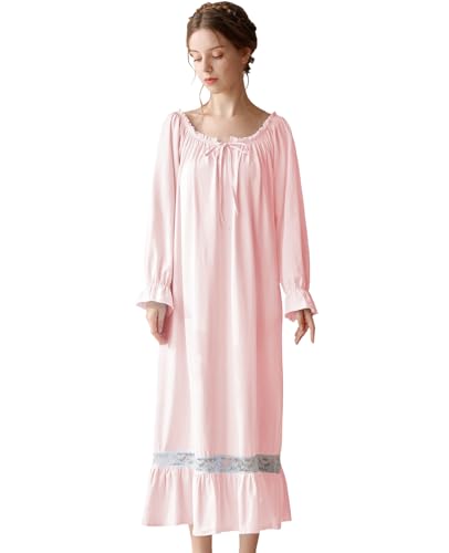 Nanxson Damen Baumwolle Nachthemd Langarm Nachtwäsche Vintage Viktorianisch Nachtkleid Schlafanzug (S, Rosa-51) von Nanxson