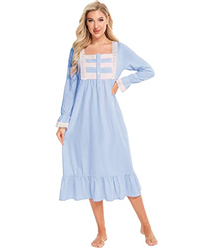 Nanxson Damen Baumwolle Nachthemd Langarm Nachtwäsche Vintage Viktorianisch Nachtkleid Schlafanzug (XL, Blau-66) von Nanxson