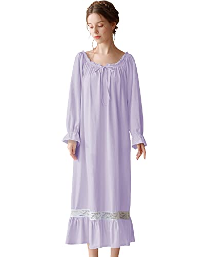 Nanxson Damen Baumwolle Nachthemd Langarm Nachtwäsche Vintage Viktorianisch Nachtkleid Schlafanzug (XL, Lila-51) von Nanxson