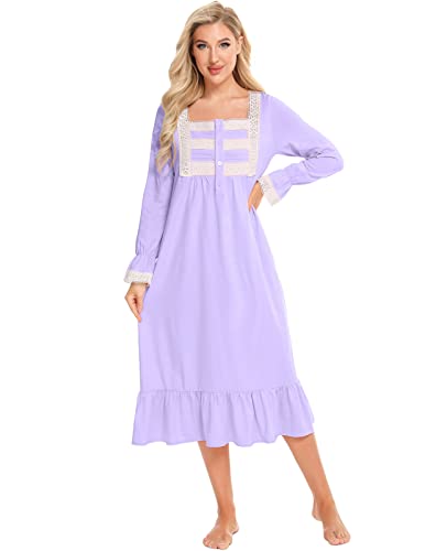 Nanxson Damen Baumwolle Nachthemd Langarm Nachtwäsche Vintage Viktorianisch Nachtkleid Schlafanzug (XL, Violett-66) von Nanxson