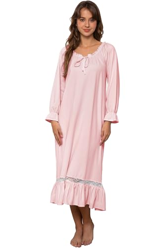 Nanxson Damen Baumwolle Nachthemd Langarm Nachtwäsche Vintage Viktorianisch Nachtkleid Schlafanzug (XXL, Rosa-51) von Nanxson