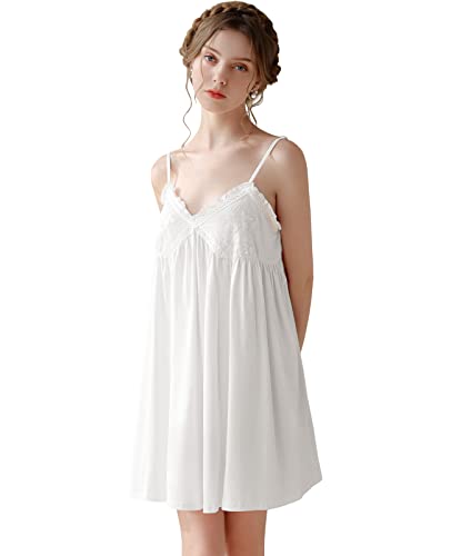 Nanxson Damen Baumwolle Nachthemd Sexy Chemise Slip Nachtwäsche Spitzen Unterhemd Negligees Schlafanzug (L,Weiß) von Nanxson