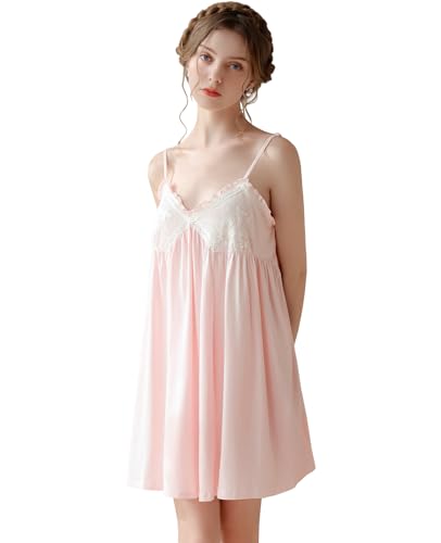 Nanxson Damen Baumwolle Nachthemd Sexy Chemise Slip Nachtwäsche Spitzen Unterhemd Negligees Schlafanzug (M,Rosa) von Nanxson