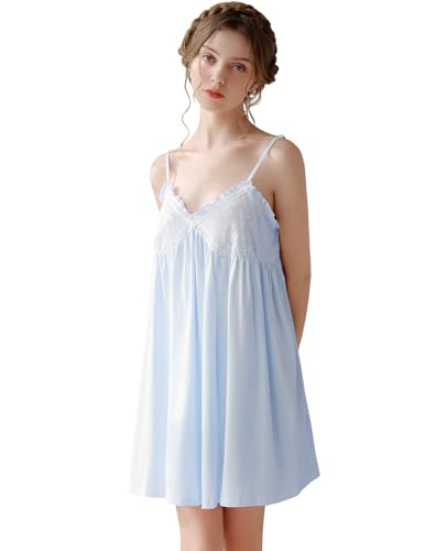 Nanxson Damen Baumwolle Nachthemd Sexy Chemise Slip Nachtwäsche Spitzen Unterhemd Negligees Schlafanzug (XXL,Blau) von Nanxson