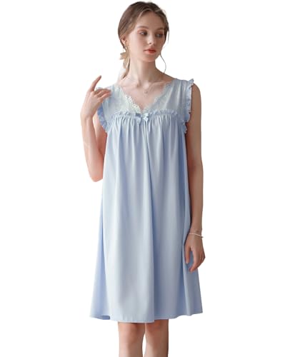 Nanxson Damen Baumwolle Nachthemd Übergröße Schlafshirt Ärmellos Nachtkleid Spitze V-Ausschnitt Nachtwäsche Loungewear (XXL,Blau) von Nanxson