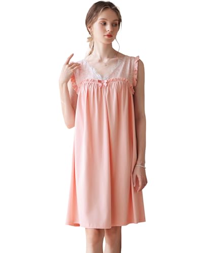 Nanxson Damen Baumwolle Nachthemd Übergröße Schlafshirt Ärmellos Nachtkleid Spitze V-Ausschnitt Nachtwäsche Loungewear (XXL,Rosa) von Nanxson