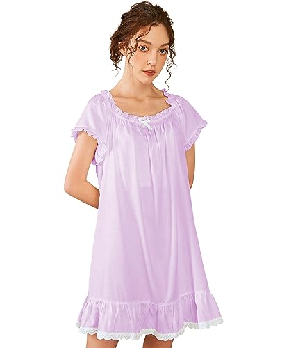 Nanxson Damen Baumwolle Nachthemd Vintage Viktorianisch Nachtwäsche Kurzarm Nachtkleid (L, Lila) von Nanxson