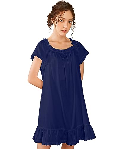 Nanxson Damen Baumwolle Nachthemd Vintage Viktorianisch Nachtwäsche Kurzarm Nachtkleid (L, Navy) von Nanxson