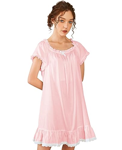 Nanxson Damen Baumwolle Nachthemd Vintage Viktorianisch Nachtwäsche Kurzarm Nachtkleid (L, Rosa) von Nanxson