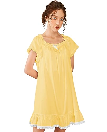 Nanxson Damen Baumwolle Nachthemd Vintage Viktorianisch Nachtwäsche Kurzarm Nachtkleid (M, Gelb) von Nanxson