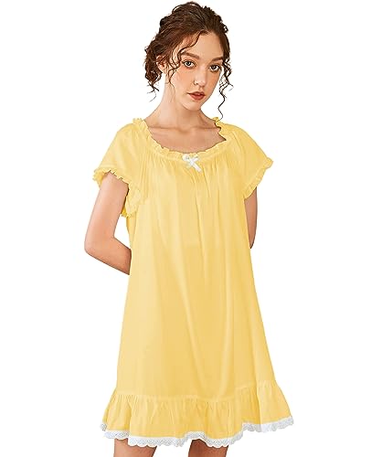 Nanxson Damen Baumwolle Nachthemd Vintage Viktorianisch Nachtwäsche Kurzarm Nachtkleid (XXL, Gelb) von Nanxson