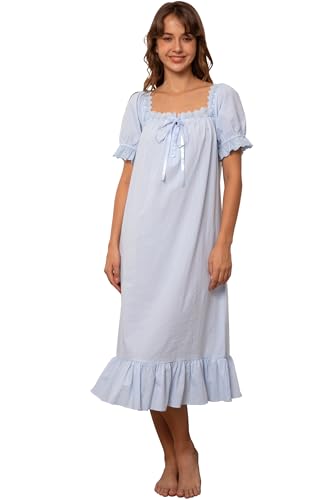 Nanxson Damen Baumwolle Nachthemd Vintage Viktorianischen Prinzessin Stil Nachtwäsche Kurz/Lange Ärmel Nachtkleid (L,Kurzarm Blau) von Nanxson