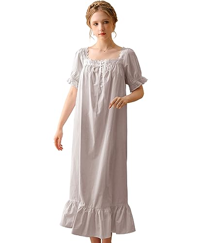 Nanxson Damen Baumwolle Nachthemd Vintage Viktorianischen Prinzessin Stil Nachtwäsche Kurz/Lange Ärmel Nachtkleid (L,Kurzarm Grau) von Nanxson