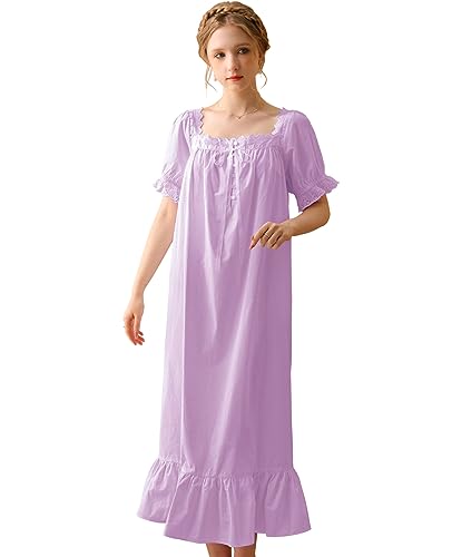 Nanxson Damen Baumwolle Nachthemd Vintage Viktorianischen Prinzessin Stil Nachtwäsche Kurz/Lange Ärmel Nachtkleid (L,Kurzarm Lila) von Nanxson