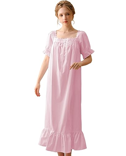 Nanxson Damen Baumwolle Nachthemd Vintage Viktorianischen Prinzessin Stil Nachtwäsche Kurz/Lange Ärmel Nachtkleid (L,Kurzarm Rosa) von Nanxson