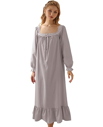 Nanxson Damen Baumwolle Nachthemd Vintage Viktorianischen Prinzessin Stil Nachtwäsche Kurz/Lange Ärmel Nachtkleid (L,Langarm Grau) von Nanxson