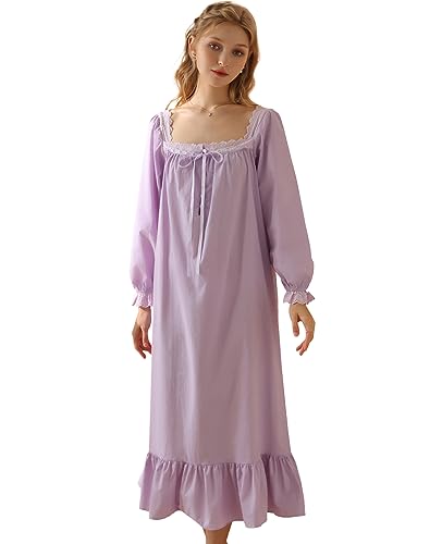 Nanxson Damen Baumwolle Nachthemd Vintage Viktorianischen Prinzessin Stil Nachtwäsche Kurz/Lange Ärmel Nachtkleid (L,Langarm Lila) von Nanxson