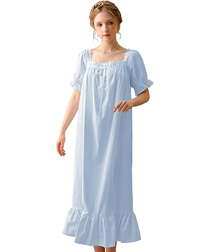 Nanxson Damen Baumwolle Nachthemd Vintage Viktorianischen Prinzessin Stil Nachtwäsche Kurz/Lange Ärmel Nachtkleid (M,Kurzarm Blau) von Nanxson