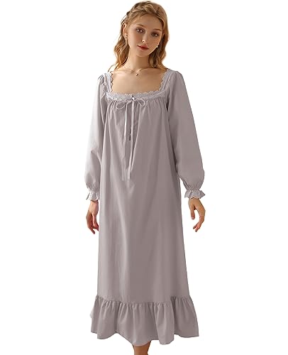 Nanxson Damen Baumwolle Nachthemd Vintage Viktorianischen Prinzessin Stil Nachtwäsche Kurz/Lange Ärmel Nachtkleid (M,Langarm Grau) von Nanxson