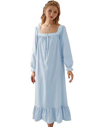 Nanxson Damen Baumwolle Nachthemd Vintage Viktorianischen Prinzessin Stil Nachtwäsche Kurz/Lange Ärmel Nachtkleid (S,Langarm Blau) von Nanxson