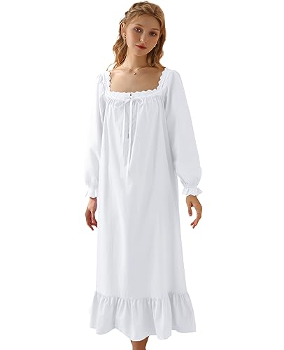 Nanxson Damen Baumwolle Nachthemd Vintage Viktorianischen Prinzessin Stil Nachtwäsche Kurz/Lange Ärmel Nachtkleid (S,Langarm Weiß) von Nanxson