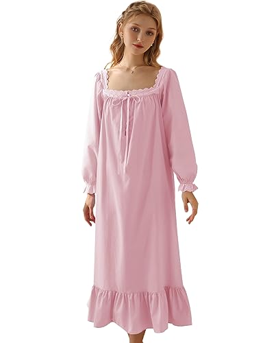 Nanxson Damen Baumwolle Nachthemd Vintage Viktorianischen Prinzessin Stil Nachtwäsche Kurz/Lange Ärmel Nachtkleid (XXL,Langarm Rosa) von Nanxson