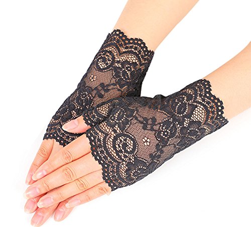 Nanxson Damen Fingerlose Spitzen Handschuhe Braut Spitzen Handschuhe für Hochzeitsfeier Halloween ST0084 (Schwarz-84, Eine Größe) von Nanxson