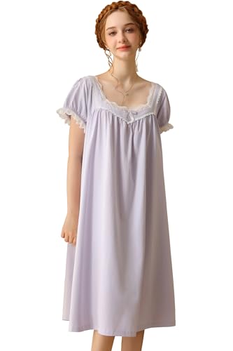 Nanxson Damen Kurzarm Baumwolle Nachtwäsche Viktorianisch Nachthemd Prinzessin Nachtkleid mit Spitze Trim (XL,Lila) von Nanxson