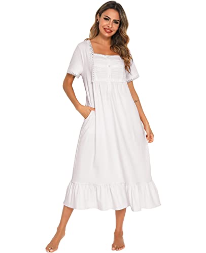 Nanxson Damen Nachthemd Kurzarm Baumwoll Nachtwäsche Vintage Viktorianischen Spitze Nachtkleid Schlafshirt (L,Weiß) von Nanxson