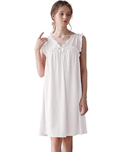 Nanxson Damen Baumwolle Nachthemd Übergröße Schlafshirt Ärmellos Nachtkleid Spitze V-Ausschnitt Nachtwäsche Loungewear (L,Weiß) von Nanxson