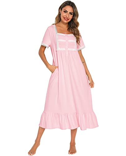 Nanxson Damen Nachthemd Kurzarm Baumwoll Nachtwäsche Vintage Viktorianischen Spitze Nachtkleid Schlafshirt (S,Rosa) von Nanxson