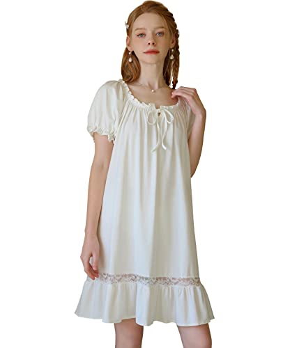 Nanxson Damen Nachthemd Kurzarm Nachtwäsche Sommer Spitze Vintage Nachtkleid Schlafanzüge (L, Weiß-83) von Nanxson