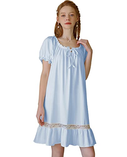 Nanxson Damen Nachthemd Kurzarm Nachtwäsche Sommer Spitze Vintage Nachtkleid Schlafanzüge (M, Blau-83) von Nanxson