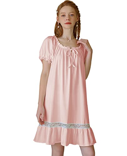 Nanxson Damen Nachthemd Kurzarm Nachtwäsche Sommer Spitze Vintage Nachtkleid Schlafanzüge (M, Rosa-83) von Nanxson