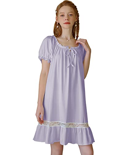 Nanxson Damen Nachthemd Kurzarm Nachtwäsche Sommer Spitze Vintage Nachtkleid Schlafanzüge (M, Violett-83) von Nanxson