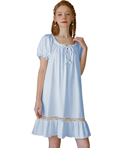 Nanxson Damen Nachthemd Kurzarm Nachtwäsche Sommer Spitze Vintage Nachtkleid Schlafanzüge (XL, Blau-83) von Nanxson