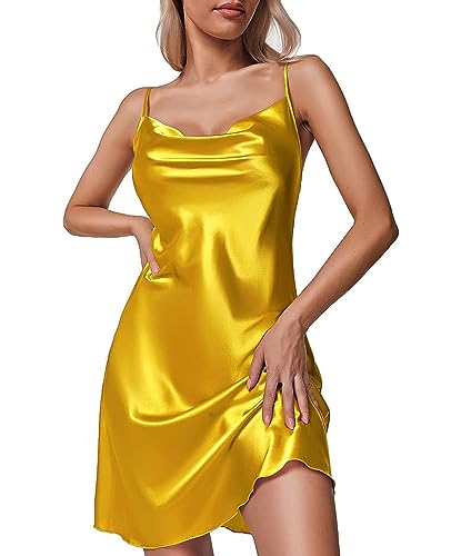 Nanxson Damen Satin Nachthemd Sexy Negligee Unterkleid V-Ausschnitt Nachtwäsche mit Verstellbare Träger (M,Gelb-89) von Nanxson