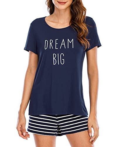 Nanxson Damen Schlafanzug Kurz Sommer Pyjama Set Streifen Schlafhemd Zweiteilig Nachtwäsche (L, Navy-16) von Nanxson