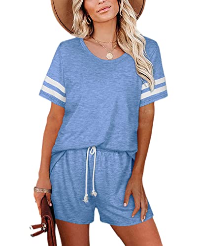 Nanxson Damen Schlafanzug Kurz Sommer Pyjama Set Streifen Schlafhemd Zweiteilig Nachtwäsche (XXL, Hell Blau-59) von Nanxson