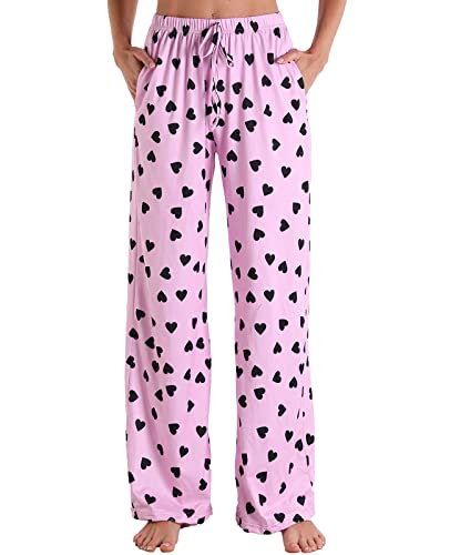 Nanxson Damen Schlafanzughose Lang Schlafanzug Pyjamahose Drucken Nachtwäsche Loungehose Sommer Jogginghose mit Taschen und Kordelzug (L,Rosa Herz) von Nanxson