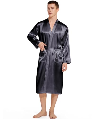 Nanxson Herren Bademantel Satin Morgenmantel V-Ausschnitt Kimono Robe Nachtwäsche mit Bindegürtel (M,Dunkel Grau) von Nanxson