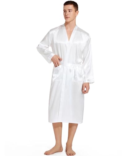 Nanxson Herren Bademantel Satin Morgenmantel V-Ausschnitt Kimono Robe Nachtwäsche mit Bindegürtel (M,Weiß) von Nanxson