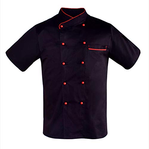 Nanxson Herren Kochjacke Unisex Damen Bäckerjacke mit Kugelknöpfe, atmungsaktiv Kurzarm Stehkrage Kochkleidung CFM0048 (Schwarz Rot, S) von Nanxson