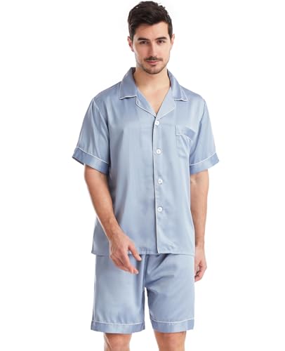 Nanxson Herren Satin Schlafanzug Kurzarm Pyjama Set Zweiteiliger Nachtwäsche Loungewear Set mit Knopfleiste (L,Blau Grau) von Nanxson