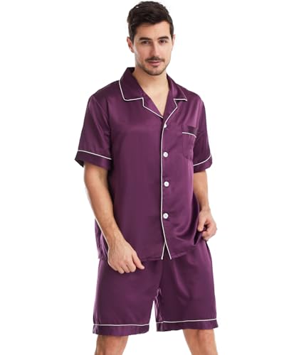 Nanxson Herren Satin Schlafanzug Kurzarm Pyjama Set Zweiteiliger Nachtwäsche Loungewear Set mit Knopfleiste (L,Dunkle Lila) von Nanxson