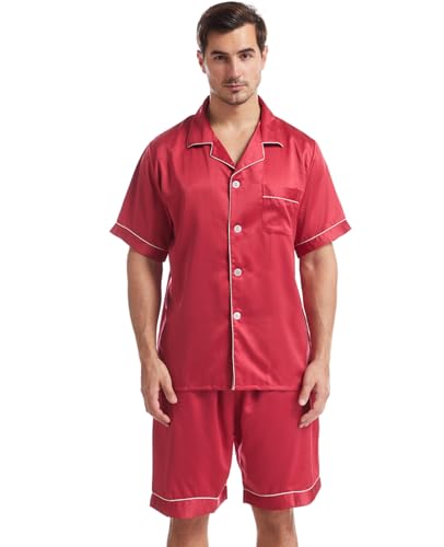 Nanxson Herren Satin Schlafanzug Kurzarm Pyjama Set Zweiteiliger Nachtwäsche Loungewear Set mit Knopfleiste (L,Dunkle Rot) von Nanxson