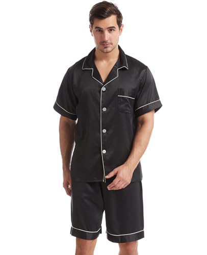 Nanxson Herren Satin Schlafanzug Kurzarm Pyjama Set Zweiteiliger Nachtwäsche Loungewear Set mit Knopfleiste (M,Schwarz) von Nanxson