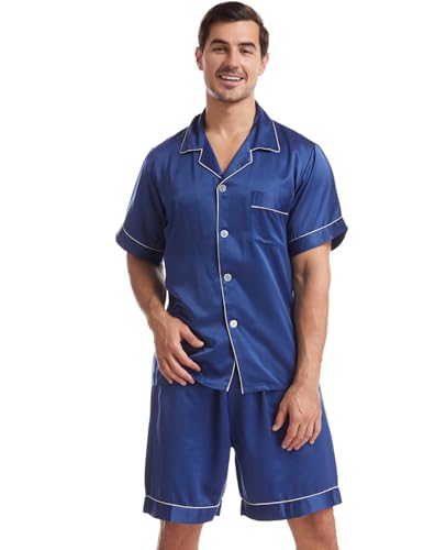 Nanxson Herren Satin Schlafanzug Kurzarm Pyjama Set Zweiteiliger Nachtwäsche Loungewear Set mit Knopfleiste (S,Dunkel Blau) von Nanxson